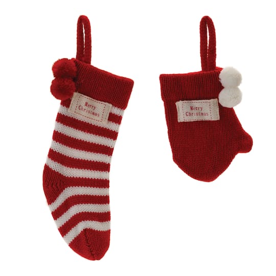 Knit Stocking & Mitten Sentiment Ornament Set By Melrose in Red | Michaels®